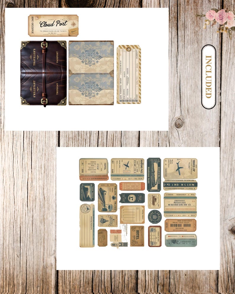 May include: A collection of vintage-style travel ephemera, including boarding passes, luggage tags, and a passport. The items feature aged paper textures, muted colors, and text like "Cloud Port" and "Traveler's Passport."