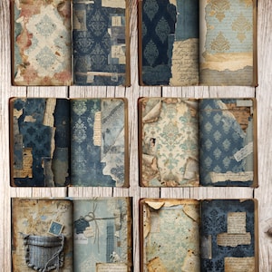 May include: A collection of open vintage journals with distressed pages and decorative wallpaper patterns in shades of blue, beige, and brown. The journals have a rustic, antique aesthetic, with torn paper and aged textures.
