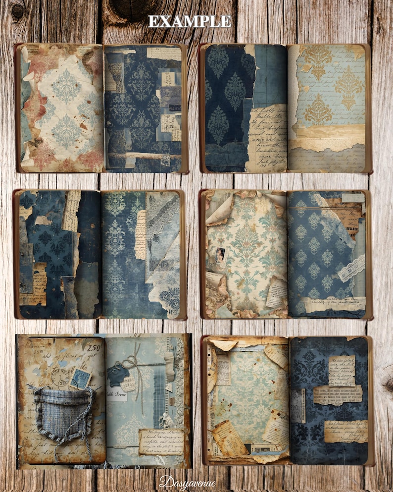 May include: A collection of open vintage journals with distressed pages and decorative wallpaper patterns in shades of blue, beige, and brown. The journals have a rustic, antique aesthetic, with torn paper and aged textures.