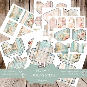 Vintage junk journal zakken en enveloppen, Shabby Chic Ephemera Kit, afdrukbare collagevellen, scrapbooking-tags, Instant Download