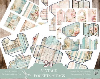 Vintage Junk Journal Pockets & Envelopes, Shabby Chic Ephemera Kit, Printable Collage Sheets, Scrapbooking Tags, Instant Download