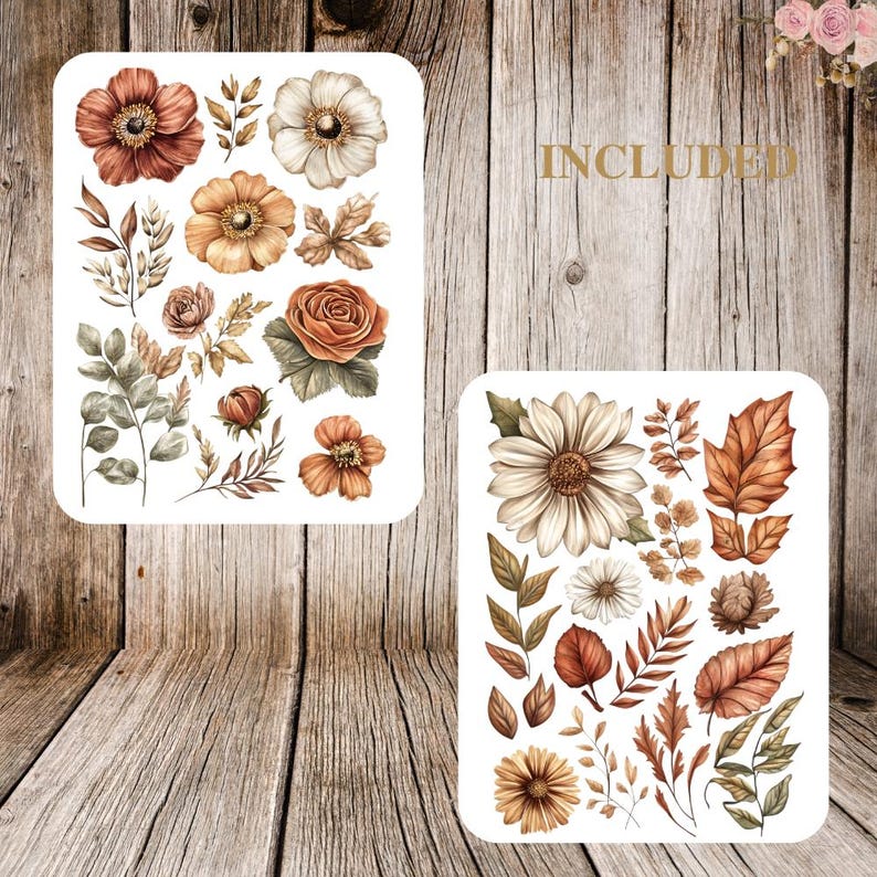 May include: Two sets of floral stickers featuring various flowers and leaves in shades of brown, orange, and cream. The stickers include roses, daisies, and other botanical elements, perfect for scrapbooking or crafting projects.