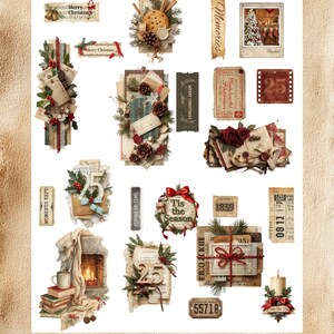 May include: A collage of Christmas-themed ephemera, including tags, labels, and decorative elements. The image features a variety of designs, such as a fireplace, a cookie, and the text "Merry Christmas" and "Tis the Season".