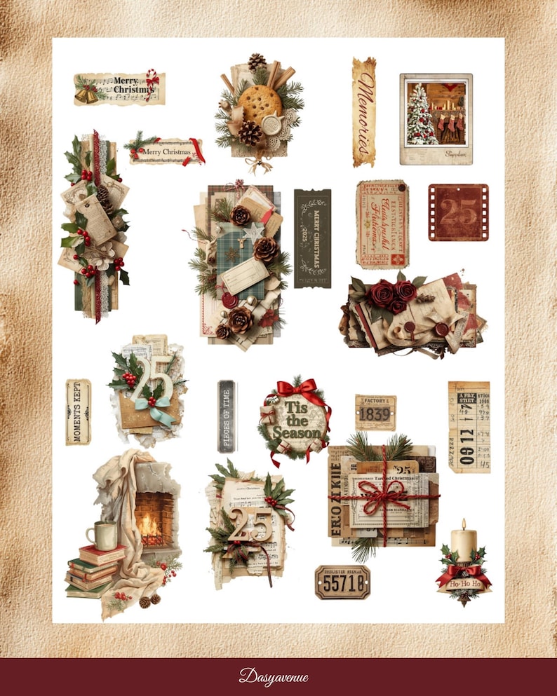 May include: A collage of Christmas-themed ephemera, including tags, labels, and decorative elements. The image features a variety of designs, such as a fireplace, a cookie, and the text "Merry Christmas" and "Tis the Season".
