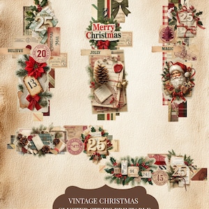 May include: Vintage Christmas cluster strips printable with various festive designs. Includes elements like Santa Claus, pine cones, holly, and the text "Merry Christmas." The image also contains the text "Volume 2 - Perfect Match with Vol. 1."