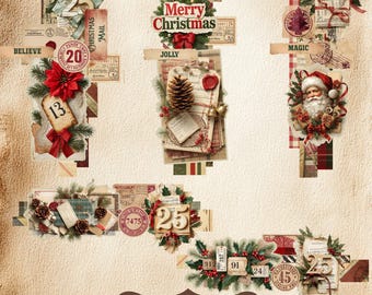 Vintage Christmas Cluster Strips Printable – Rustic Holiday Ephemera, Junk Journal Collage, Festive Borders & Fussy Cuts, Instant Download