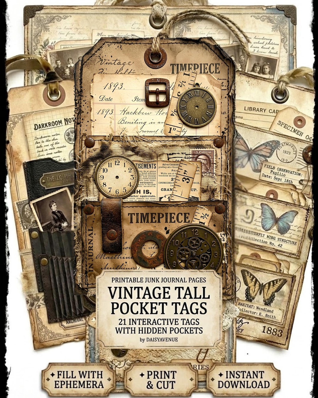 Vintage Tall Pocket Tags Printable, Junk Journal Pocket Pages ...