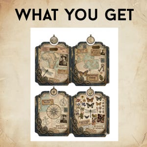May include: Four rectangular decorative plaques with rounded edges and dark frames, each featuring vintage-style collage art with maps, insects, botanical illustrations, and text like WHAT YOU GET, JOURNEY WONDER, and FLORA & FAUNA COLLECTOR.
