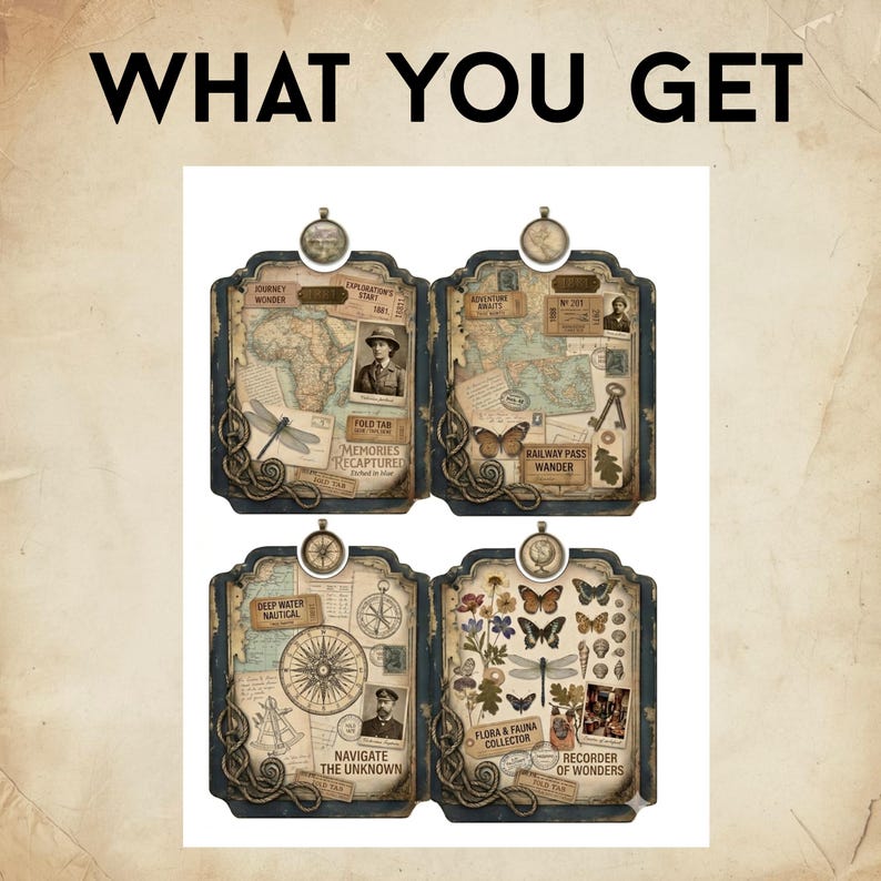 May include: Four rectangular decorative plaques with rounded edges and dark frames, each featuring vintage-style collage art with maps, insects, botanical illustrations, and text like WHAT YOU GET, JOURNEY WONDER, and FLORA & FAUNA COLLECTOR.