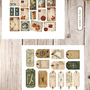 May include: A collection of vintage-style paper ephemera, including postcards, stamps, and luggage tags. The designs feature maps, compasses, and autumn leaves in shades of brown, beige, and green. The word "INCLUDED" is printed on a white label.