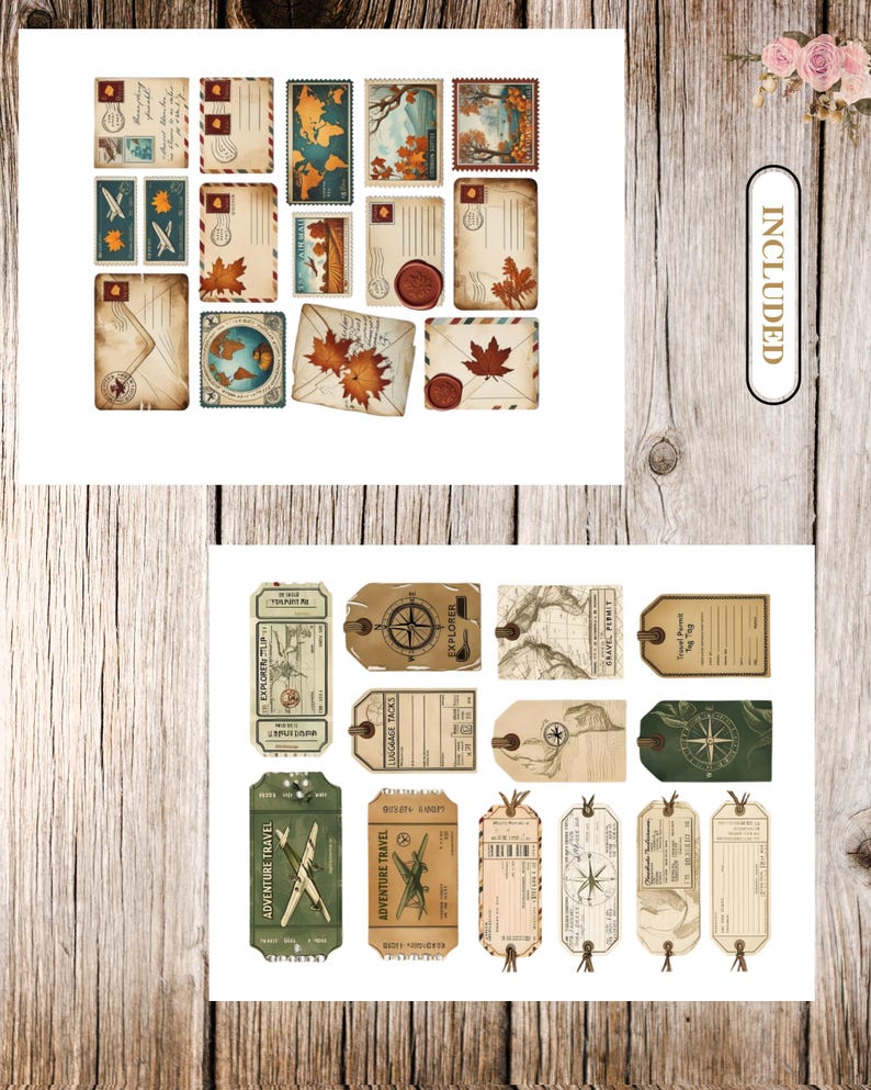 May include: A collection of vintage-style paper ephemera, including postcards, stamps, and luggage tags. The designs feature maps, compasses, and autumn leaves in shades of brown, beige, and green. The word "INCLUDED" is printed on a white label.