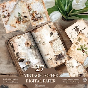 Confezione di carta digitale Vintage Coffee, set di diari spazzatura stampabili, pagine di album di ritagli estetici Coffee, sfondi effimeri antichi