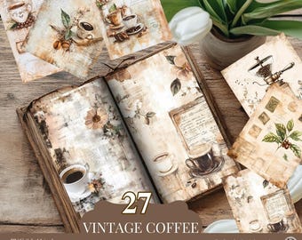 Vintage Coffee Digital Paper Pack, Printable Junk Journal Set, Coffee Aesthetic Scrapbook Pages, Antique Ephemera Backgrounds