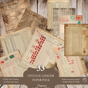 Confezione di carta da registro vintage: 33 fogli di contabilità antica stampabili per diari di viaggio, scrapbooking e tecniche miste