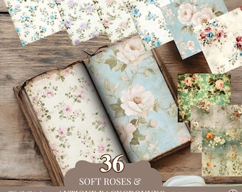 36 Vintage Floral Digital Papers – Shabby Chic & Antique Rose Backgrounds for Junk Journals, Scrapbooking and Collage