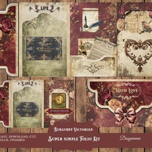 Kit folio super simple - créations artisanales bordeaux vintage, ensemble de scrapbooking de vacances bricolage, éphémères imprimables, kit folio de Noël, rose romantique antique
