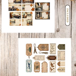 May include: A collection of vintage-style postcards and tags with travel-themed designs. The postcards feature illustrations of European cityscapes with autumn leaves. The tags include compasses, maps, and travel tickets, all in a sepia tone.