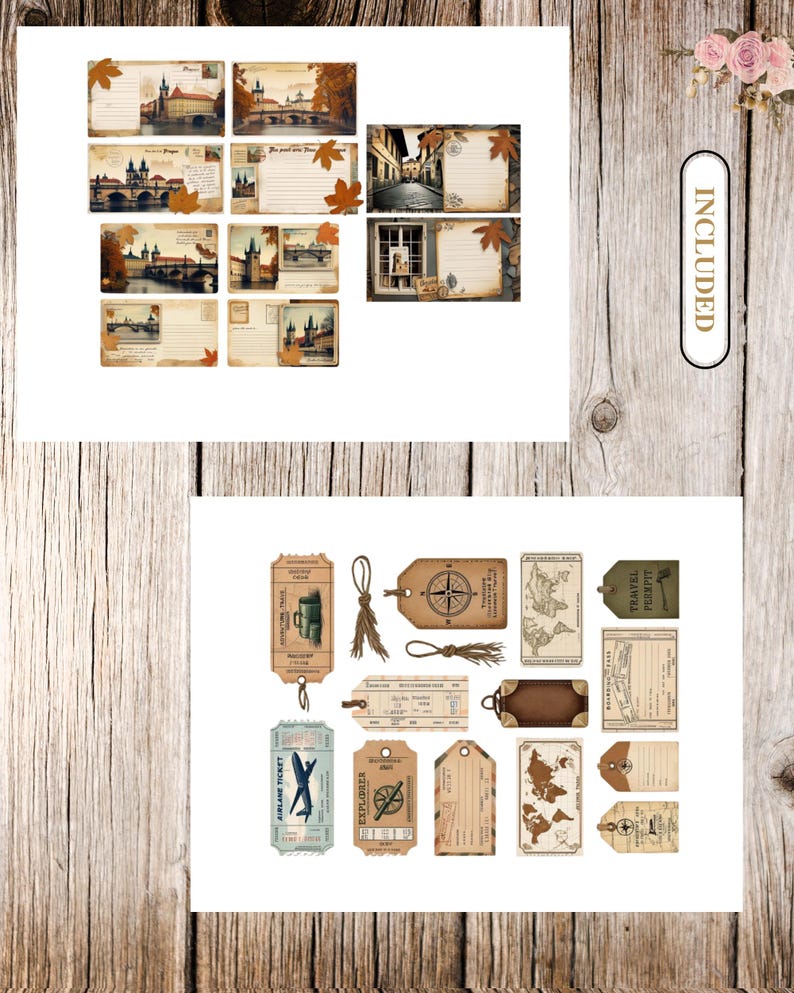 May include: A collection of vintage-style postcards and tags with travel-themed designs. The postcards feature illustrations of European cityscapes with autumn leaves. The tags include compasses, maps, and travel tickets, all in a sepia tone.