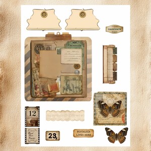 Puede incluir: Un collage de ef&iacute;meras vintage, que incluye sellos, etiquetas y una carpeta llena de papeles envejecidos. Presenta mariposas, adornos de encaje y el texto &laquo;NOSTALGIA LIVES HERE&raquo;. La paleta de colores es c&aacute;lida, con tonos beige, marr&oacute;n y crema.