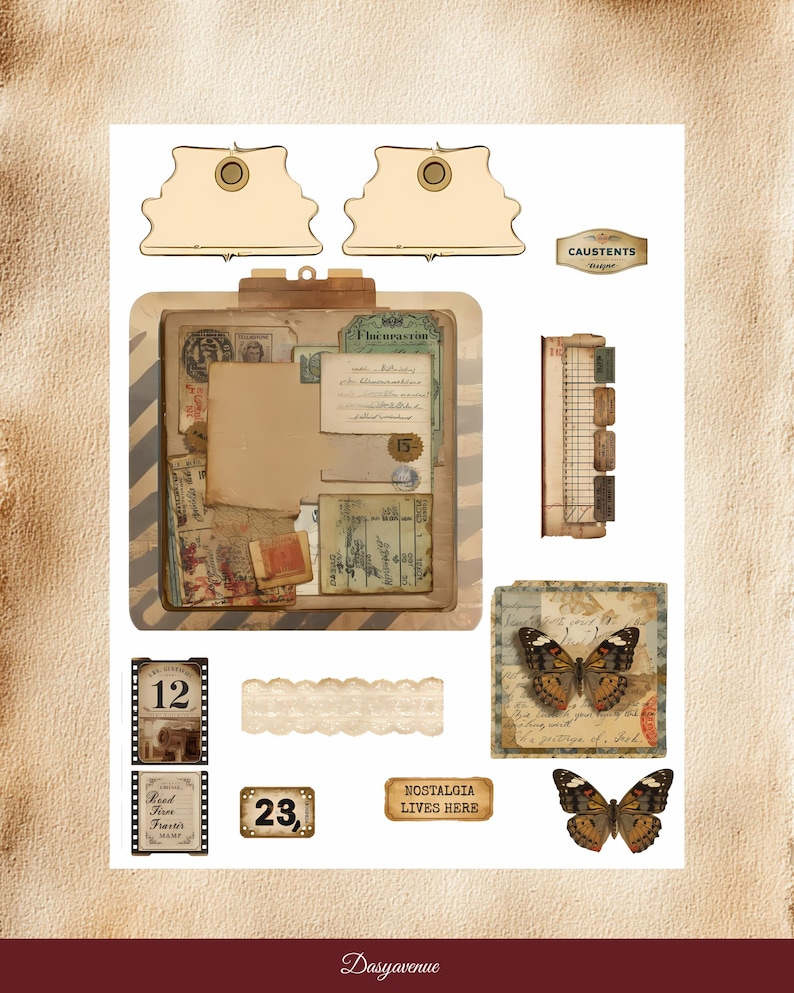 Puede incluir: Un collage de ef&iacute;meras vintage, que incluye sellos, etiquetas y una carpeta llena de papeles envejecidos. Presenta mariposas, adornos de encaje y el texto &laquo;NOSTALGIA LIVES HERE&raquo;. La paleta de colores es c&aacute;lida, con tonos beige, marr&oacute;n y crema.