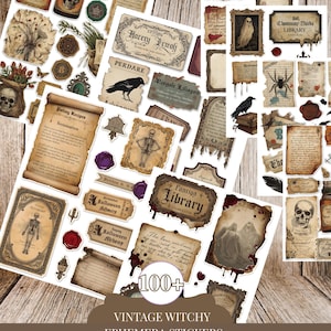May include: A collection of over 100 vintage-style stickers featuring gothic and occult imagery, including skulls, skeletons, ravens, spiders, potion bottles, wax seals, and aged parchment scrolls with handwritten text on a white background.