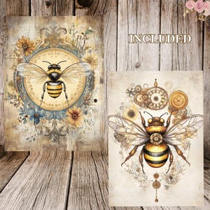 K&ouml;nnte beinhalten: Zwei digitale Kunstdrucke mit einer Biene mit filigranen Details. Der erste Druck hat ein Vintage-Blumendesign mit einer Biene in der Mitte. Der zweite Druck hat ein Steampunk-Design mit einer Biene in der Mitte, umgeben von Zahnr&auml;dern und Uhrwerk.