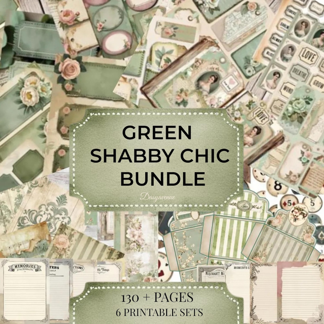 Green Shabby Chic Junk Journal Bundle, Vintage Ephemera Papers, Tags ...