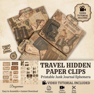 May include: A collection of vintage-style paper clips and ephemera with a travel theme. The design includes old maps, tags, a compass, a camera, and the text "Travel Hidden Paper Clips". The image also includes the text "Video Tutorial Included".
