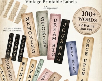 Vintage Vertical Word Strips Printable for Junk Journal, Shabby Chic Mini Labels, Storytelling Ephemera, 100 Words, 14 Pages