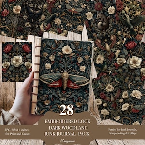 May include: A dark woodland junk journal pack with an embroidered look. The cover features a moth design with red and green accents, surrounded by floral and botanical patterns. The pack includes 28 pages, perfect for junk journals, scrapbooking, and collage.