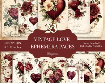 Vintage Liebe Ephemera Seiten für Junk Journal, romantisches Valentine Collage Papier, druckbare Shabby Chic Blumenherzen