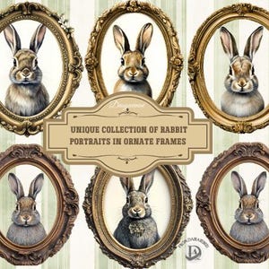 May include: A collection of six rabbit portraits in ornate, oval frames. The rabbits are depicted with detailed fur and expressive eyes. The frames are gold and brown, with intricate detailing. Text reads: "UNIQUE COLLECTION OF RABBIT PORTRAITS IN ORNATE FRAMES."