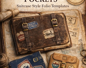 Vintage Travel Pockets Printable Pages, Suitcase Style Folio Templates, Junk Journal Travel Ephemera, US Letter 300 DPI