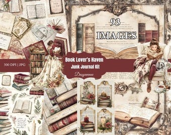 Book Lover's Haven Junk Journal Kit, Digital Download,  Scrapbook pages, Junk Journal Kit, Junk Journal Ephemera and Fussy Cuts