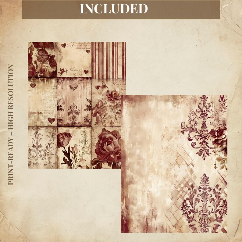 Burgundy Valentine Junk Journal Pages, Vintage Rose Digital Paper ...