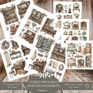 Mais de 90 clipart de decoração transparente de alta qualidade, objetos antigos vintage e sobreposições, download digital, artesanato em papel,