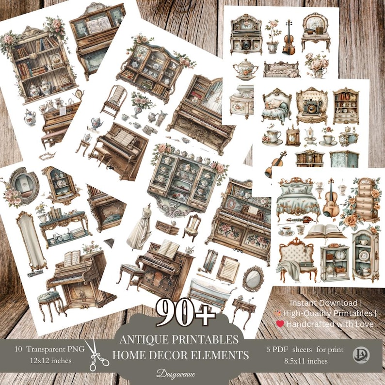 May include: A set of 90+ printable antique home decor elements. The digital download includes 10 transparent PNG files, each measuring 12x12 inches, and 5 PDF sheets for printing, each measuring 8.5x11 inches. The images feature a variety of vintage furniture, including pianos, cabinets, and chairs, as well as other decorative elements like books, mirrors, and teacups.