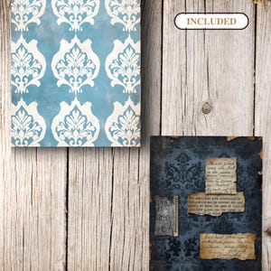 May include: Two decorative art prints. One features a blue background with white damask patterns. The other print has a dark blue damask pattern with torn paper pieces and handwritten text. The word "INCLUDED" is in a white oval.