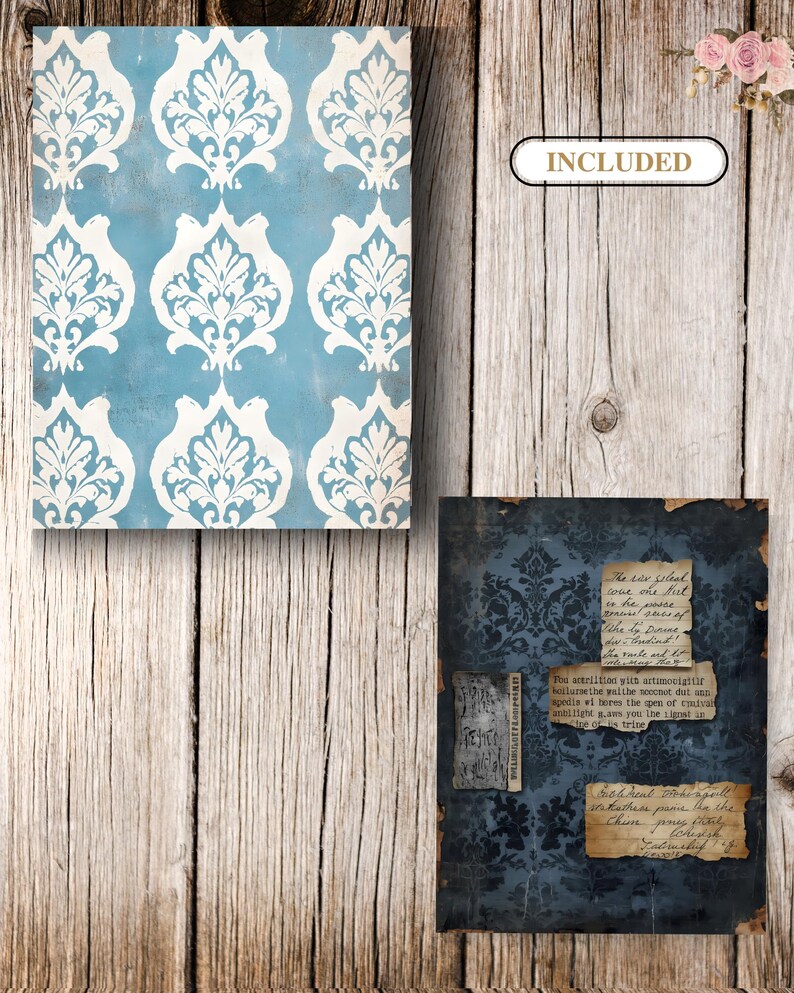 May include: Two decorative art prints. One features a blue background with white damask patterns. The other print has a dark blue damask pattern with torn paper pieces and handwritten text. The word "INCLUDED" is in a white oval.