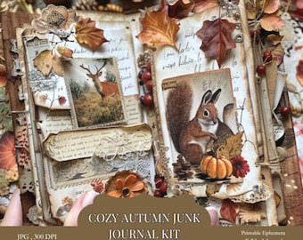 May include: Open journal with autumn-themed scrapbook pages. Features include a deer and squirrel illustration, fall leaves, and a pumpkin. The journal is decorated with paper ephemera and the text "COZY AUTUMN JUNK JOURNAL KIT".