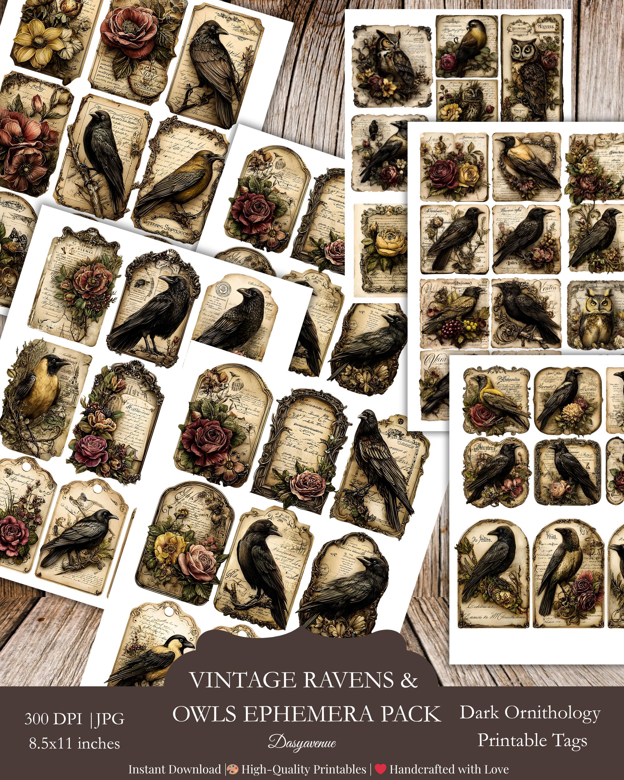 Vintage Ravens & Owls Ephemera Pack, Gothic Junk Journal Tags, Dark Nature Printable , Antique B
