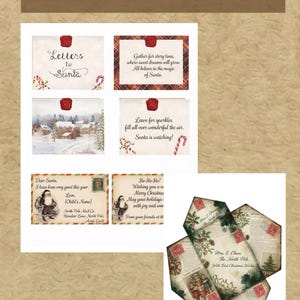 May include: A collection of printable Christmas stationery featuring Letters to Santa cards, holiday-themed notes with red wax seal graphics, and a folded envelope template addressed from Mrs. E. Claus at the North Pole with vintage illustrations.