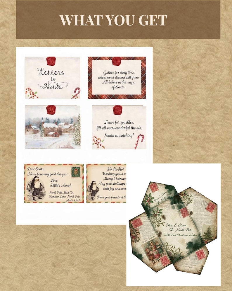 May include: A collection of printable Christmas stationery featuring Letters to Santa cards, holiday-themed notes with red wax seal graphics, and a folded envelope template addressed from Mrs. E. Claus at the North Pole with vintage illustrations.