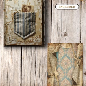 May include: A vintage-style journal with a distressed cover, featuring a fabric pocket with blue and white stripes. A postage stamp and a string are attached. The word "INCLUDED" is in a white oval. A second image shows a blue and pink patterned design.