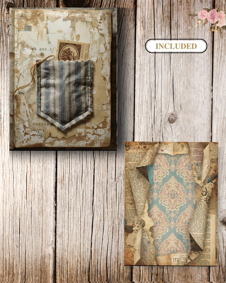 May include: A vintage-style journal with a distressed cover, featuring a fabric pocket with blue and white stripes. A postage stamp and a string are attached. The word "INCLUDED" is in a white oval. A second image shows a blue and pink patterned design.