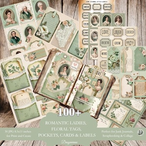 Set di diari vintage con oltre 100 pezzi effimeri / Etichette, tasche e biglietti stampabili con tema vittoriano per scrapbooking