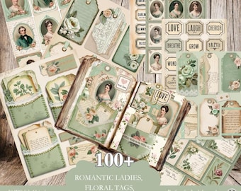 Diario vintage con más de 100 piezas efímeras. Etiquetas, bolsillos y tarjetas de damas victorianas imprimibles para scrapbooking.