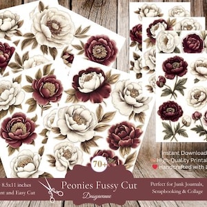 Vintage Fussy Cut  Peonies Ephemera, Cottage core Printable, Floral Collage Paper, Scrapbooking Printable Digital Sticker, Digital Fussy Cut