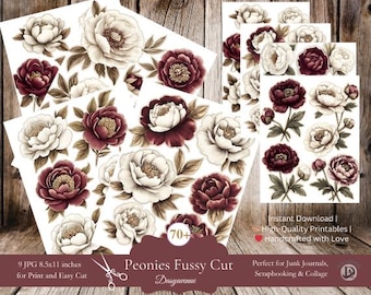 Vintage Fussy Cut  Peonies Ephemera, Cottage core Printable, Floral Collage Paper, Scrapbooking Printable Digital Sticker, Digital Fussy Cut