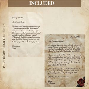 May include: Print-ready, high-resolution vintage-style letter set. The set includes two aged paper letters with handwritten text, dated 1884 and 1901. The letters feature elegant script and a decorative seal, perfect for romantic or historical themes.